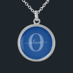 Personalized Monogram Script Name Blue White Sterling Silver Necklace<br><div class="desc">This elegant monogram and stylish script name design can be given as a gift for a birthday, wedding, bridal shower, anniversary, Mother's Day or any occasion. It can be personalized with the person's initial and name. You can change the font, font color, font size and background color using the Design...</div>