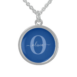 Personalized Monogram Script Name Blue White Sterling Silver Necklace