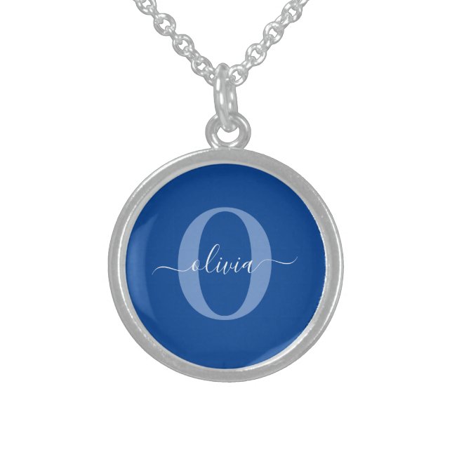 Personalized Monogram Script Name Blue White Sterling Silver Necklace (Front)