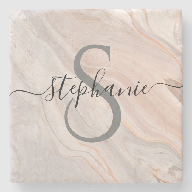 Personalized Monogram Script Name Initial  Stone Coaster (Front)