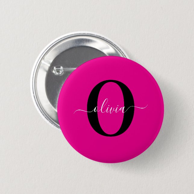 Personalized Monogram Script Name Pink Black White Button (Front & Back)