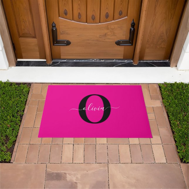 Personalized Monogram Script Name Pink Black White Doormat (Outdoor)