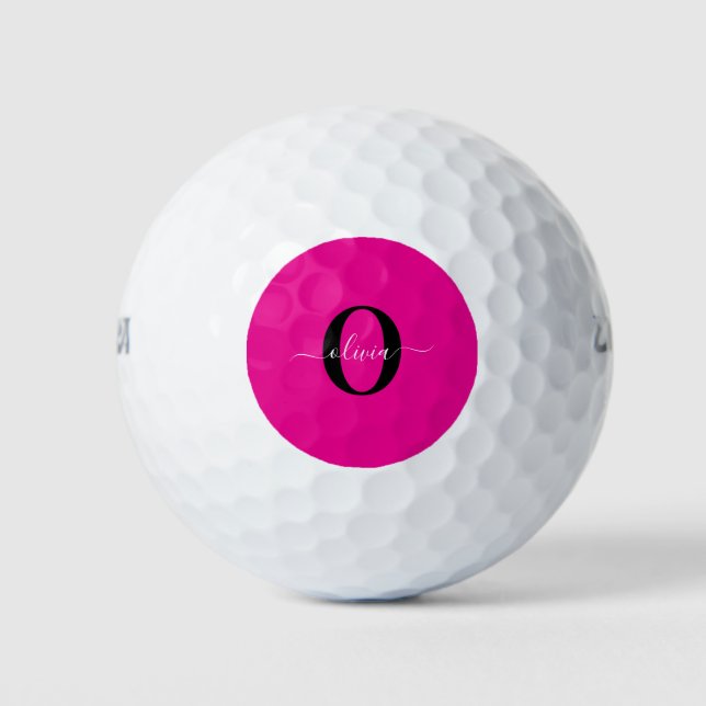 Personalized Monogram Script Name Pink Black White Golf Balls (Front)
