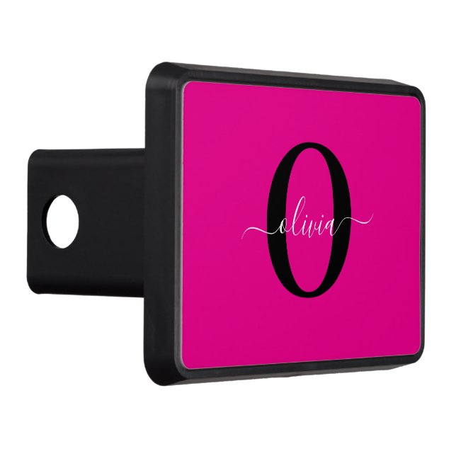 Personalized Monogram Script Name Pink Black White Hitch Cover (Right)