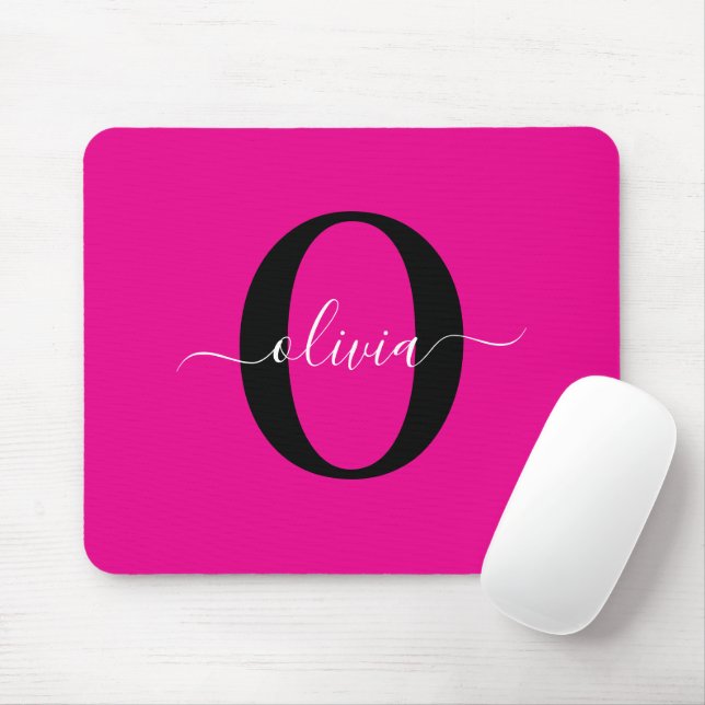 Personalized Monogram Script Name Pink Black White Mouse Pad (With Mouse)