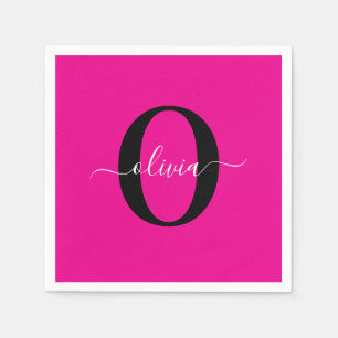 Personalized Monogram Script Name Pink Black White Napkins