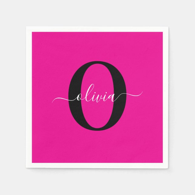 Personalized Monogram Script Name Pink Black White Napkins (Front)