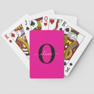 Personalized Monogram Script Name Pink Black White Poker Cards