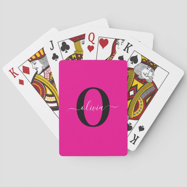 Personalized Monogram Script Name Pink Black White Poker Cards (Back)