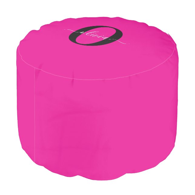 Personalized Monogram Script Name Pink Black White Pouf (Angled Back)