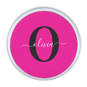 Personalized Monogram Script Name Pink Black White Silver Finish Lapel Pin