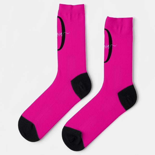 Personalized Monogram Script Name Pink Black White Socks (Left)