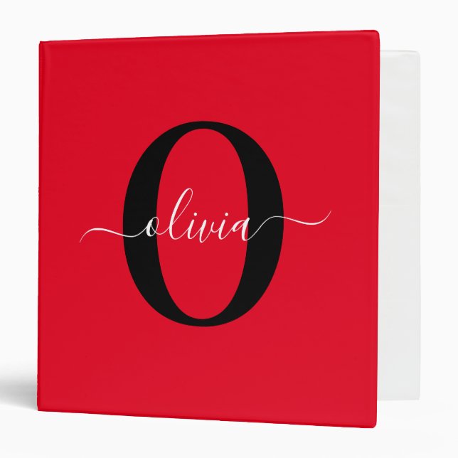 Personalized Monogram Script Name Red Black White 3 Ring Binder (Front/Inside)