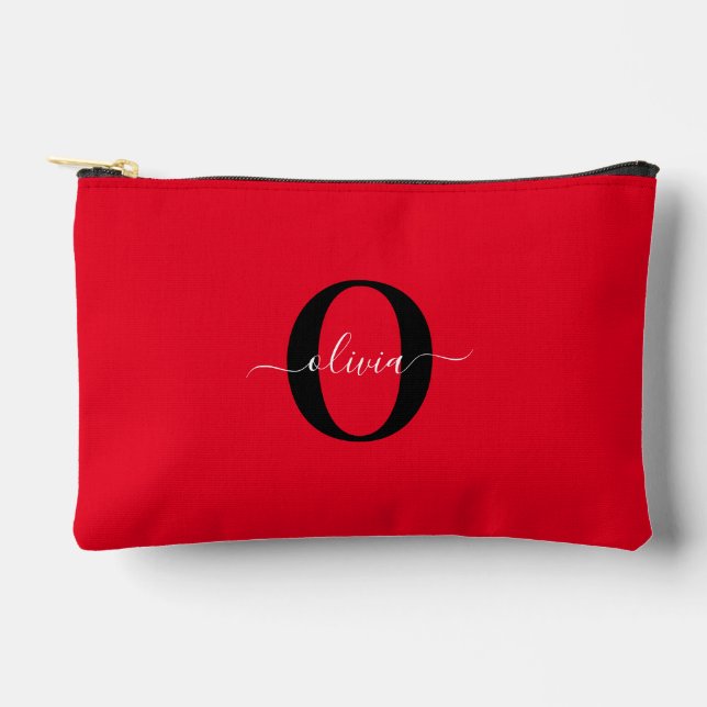Personalized Monogram Script Name Red Black White Accessory Pouch (Front)