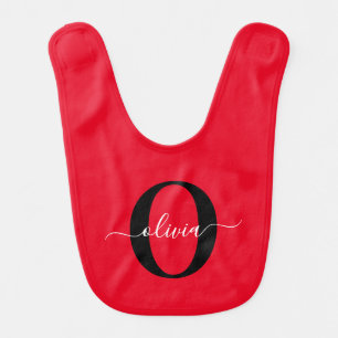 Personalized Monogram Script Name Red Black White Baby Bib