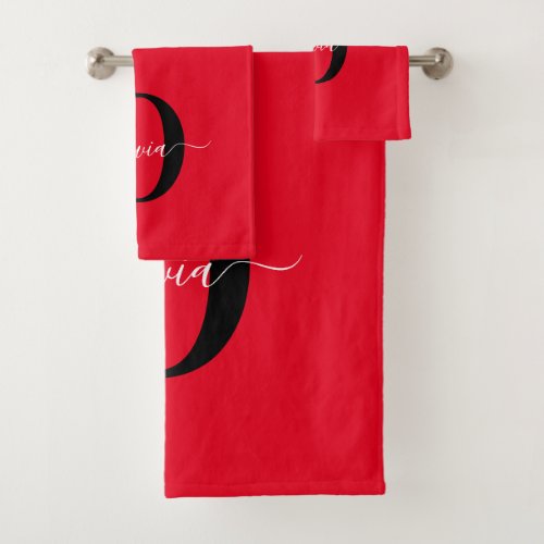 Personalized Monogram Script Name Red Black White Bath Towel Set