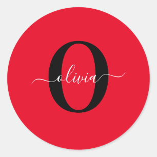 Personalized Monogram Script Name Red Black White Classic Round Sticker