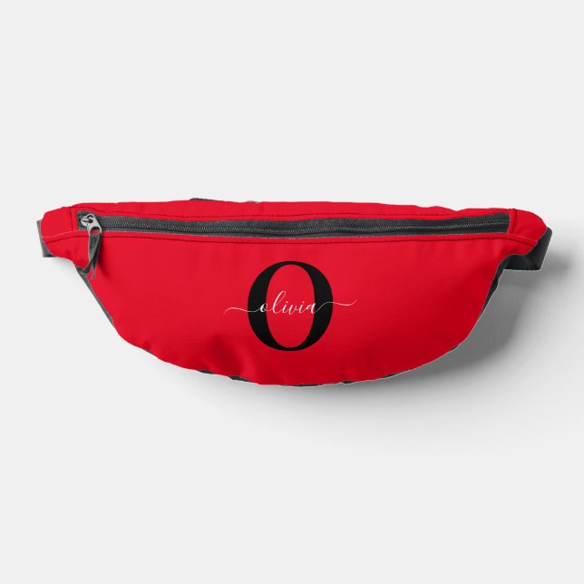 Personalized Monogram Script Name Red Black White Fanny Pack (Lay Down)