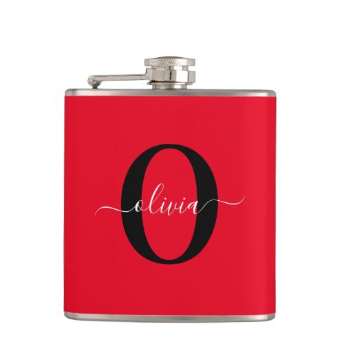 Personalized Monogram Script Name Red Black White Flask