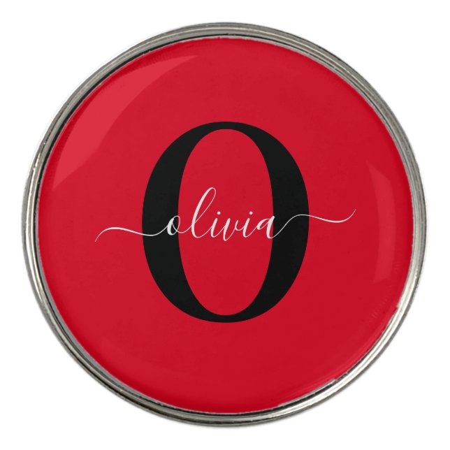 Personalized Monogram Script Name Red Black White Golf Ball Marker (Front)