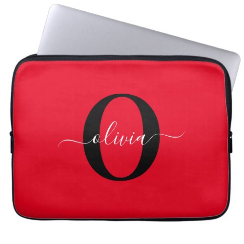 Personalized Monogram Script Name Red Black White Laptop Sleeve