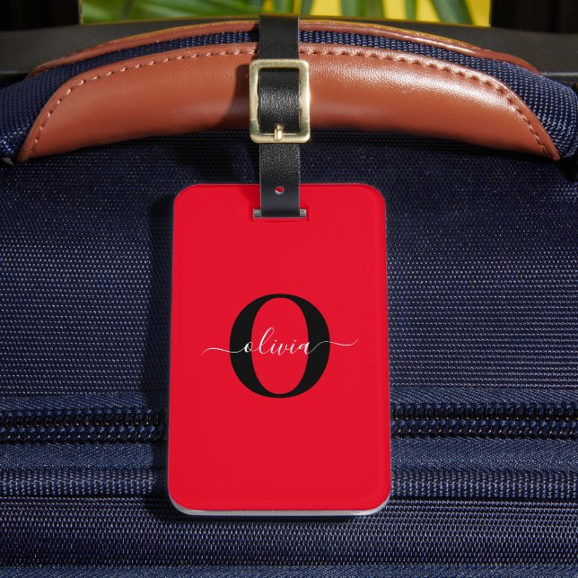 Personalized Monogram Script Name Red Black White Luggage Tag (Front Insitu 2)
