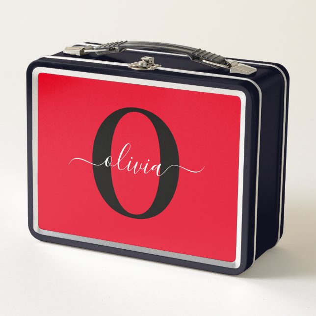 Personalized Monogram Script Name Red Black White Metal Lunch Box (Front)