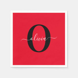 Personalized Monogram Script Name Red Black White Napkins