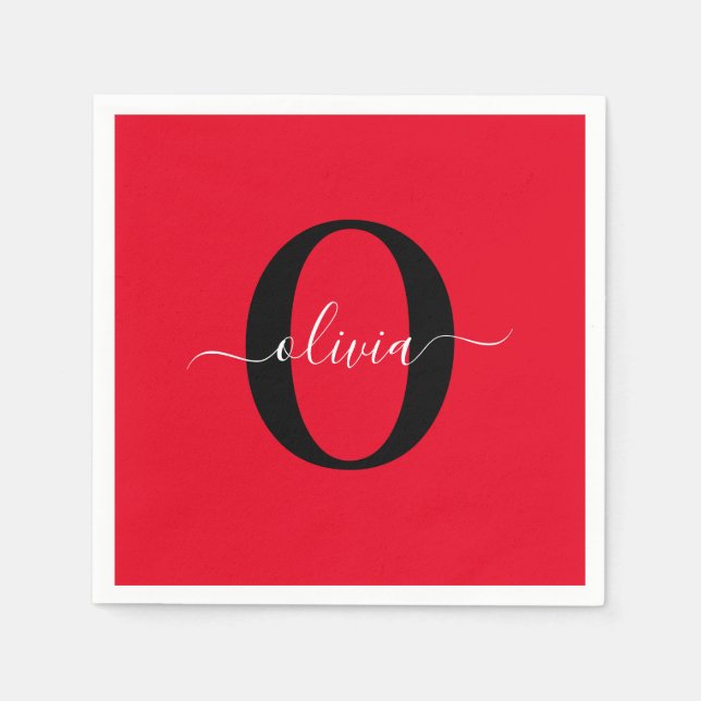 Personalized Monogram Script Name Red Black White Napkins (Front)