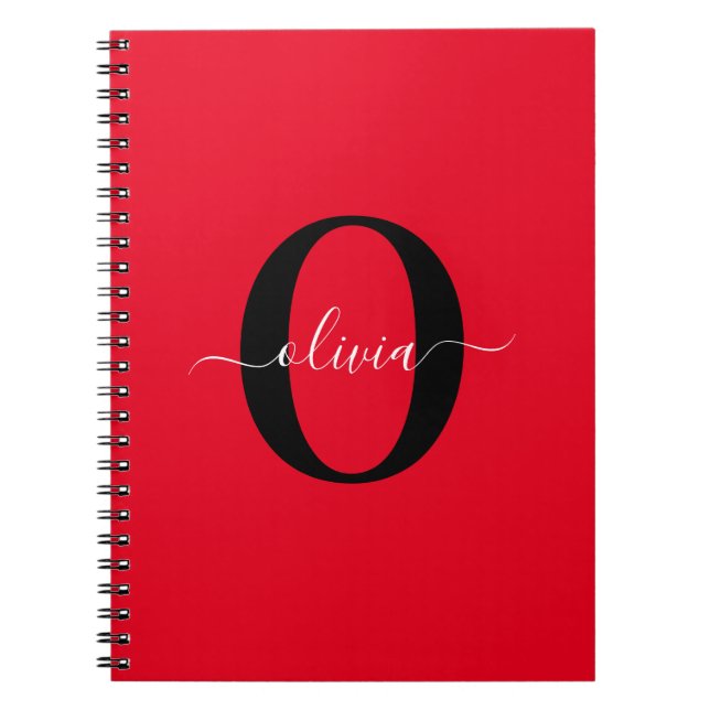 Personalized Monogram Script Name Red Black White Notebook (Front)