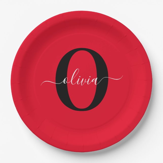 Personalized Monogram Script Name Red Black White Paper Plates (Front)