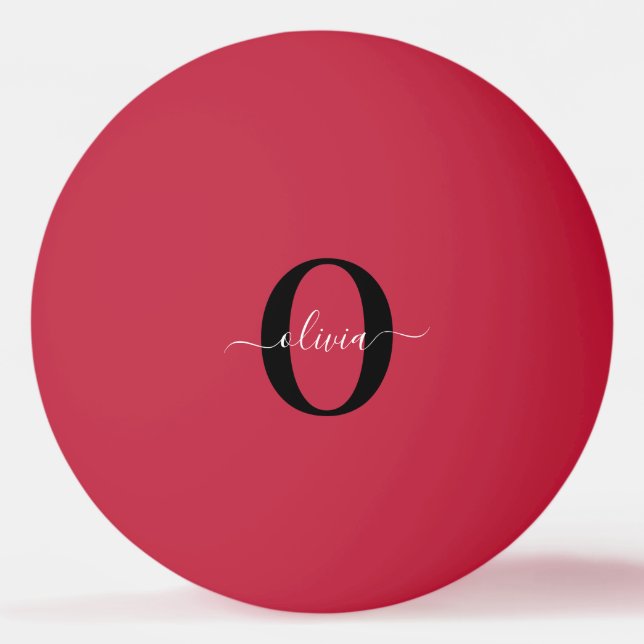 Personalized Monogram Script Name Red Black White Ping Pong Ball (Front)