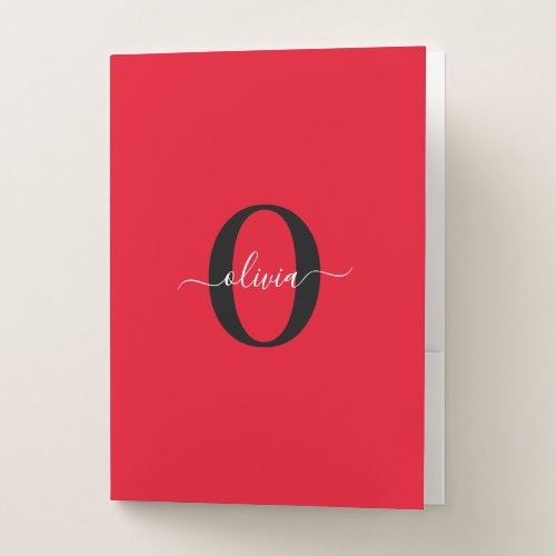 Personalized Monogram Script Name Red Black White Pocket Folder