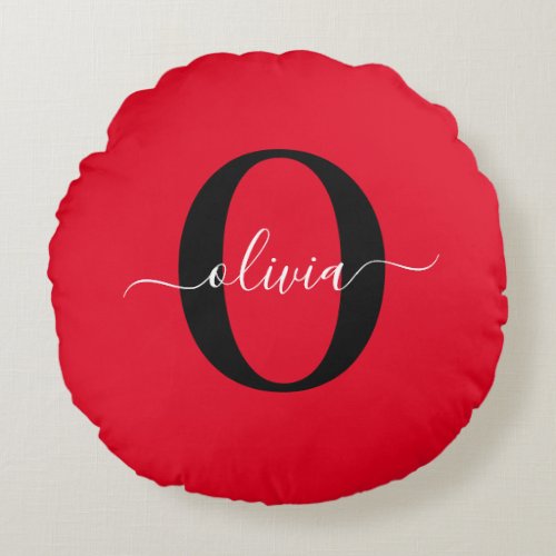 Personalized Monogram Script Name Red Black White Round Pillow