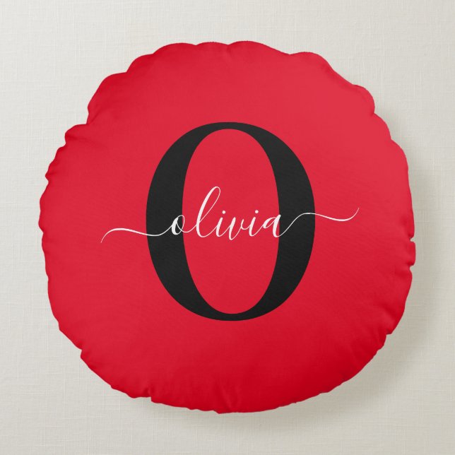 Personalized Monogram Script Name Red Black White Round Pillow (Front)