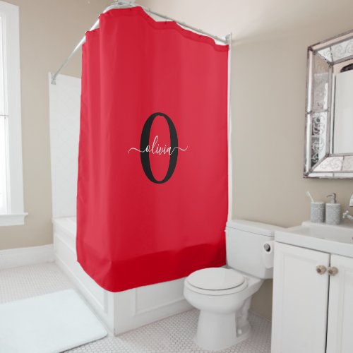 Personalized Monogram Script Name Red Black White Shower Curtain