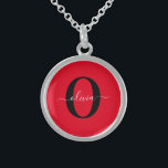 Personalized Monogram Script Name Red Black White Sterling Silver Necklace<br><div class="desc">This elegant monogram and stylish script name design can be given as a gift for a birthday, wedding, bridal shower, anniversary, Mother's Day or any occasion. It can be personalized with the person's initial and name. You can change the font, font color, font size and background color using the Design...</div>