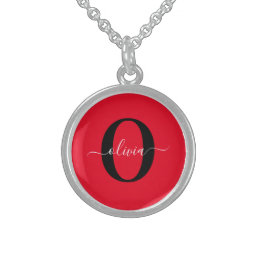 Personalized Monogram Script Name Red Black White Sterling Silver Necklace