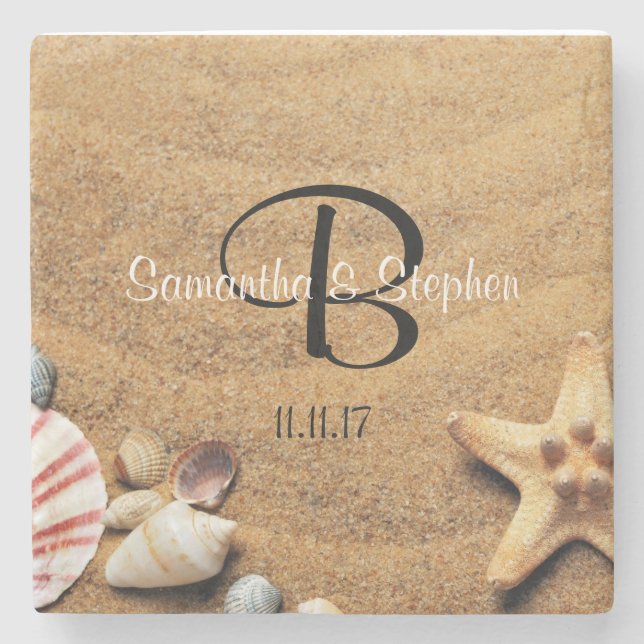 Personalized Monogram Sea Beach Wedding Gift Favor Stone Coaster (Front)