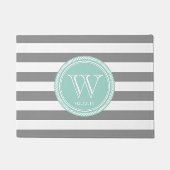 Personalized Monogram Seafoam And Grey Striped Doormat by thepixelprojekt at Zazzle