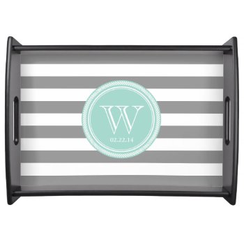 Personalized Monogram Seafoam And Grey Striped Serving Tray by thepixelprojekt at Zazzle