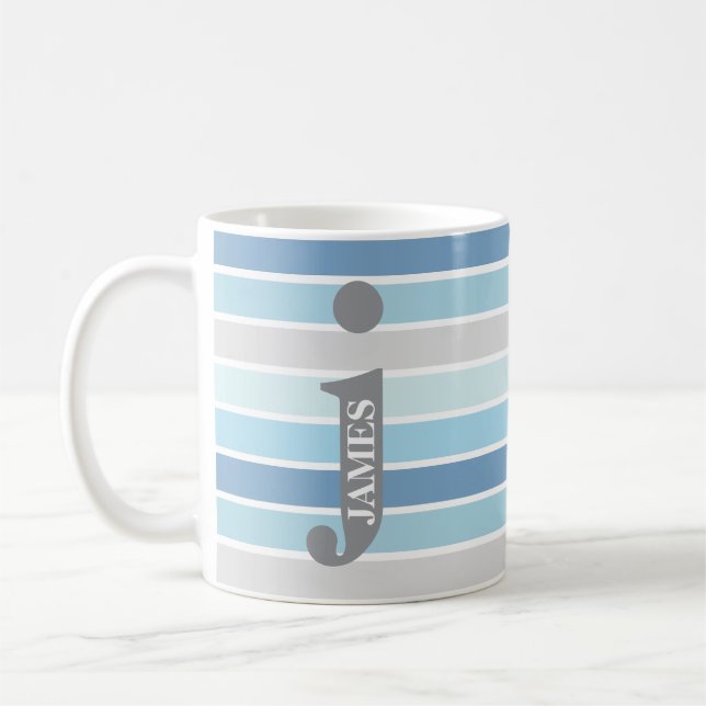Personalized Monogram 'Shades of Blue' Striped Coffee Mug (Left)