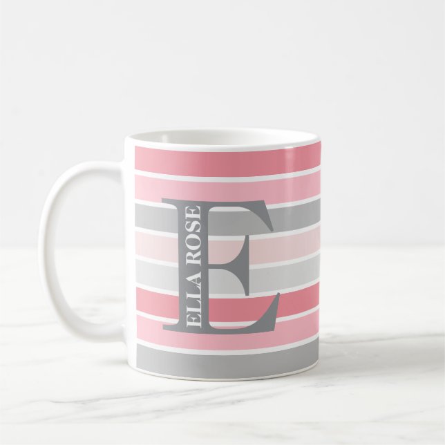 Personalized Monogram 'Shades of Pink' Striped Coffee Mug (Left)