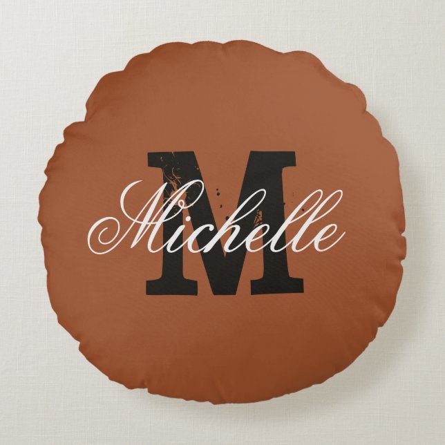 Personalized monogram sienna brown round throw pillow (Front)