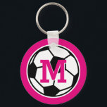 Personalized monogram soccer keychains for girls<br><div class="desc">Personalized monogram soccer mascot keychains for girls. Make your own monogrammed keychain for kids coach,  players and fans. Add your name initial letter. Customizable color ie girly NEON PINK. Cute favor for sports themed Birthday party.</div>