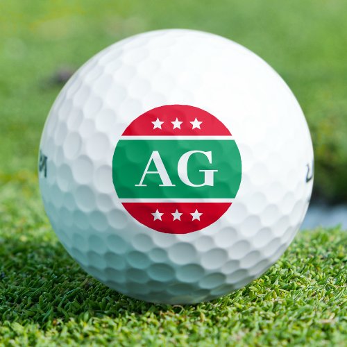 Personalized Monogram Stars Green Red Golf Balls