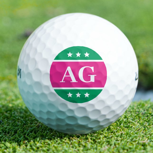 Personalized Monogram Stars Pink Green Golf Balls (Creator Uploaded)