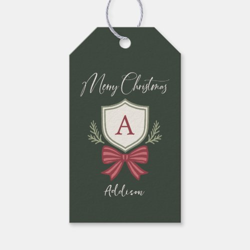 Personalized Monogram Striped Bow Merry Christmas Gift Tags