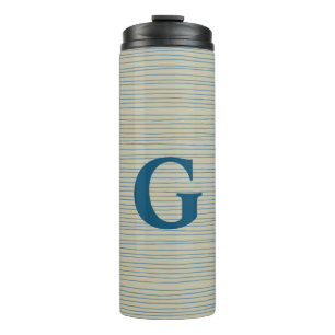Personalized Monogram Striped Neutral Blue Beige Thermal Tumbler