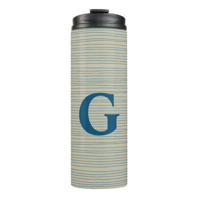 Personalized Monogram Striped Neutral Blue Beige Thermal Tumbler (Front)